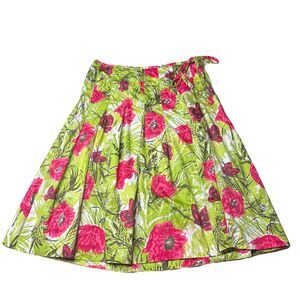 Talbots Pink Poppy Floral Green Grass Butterflies Pleated Skirt Size 8